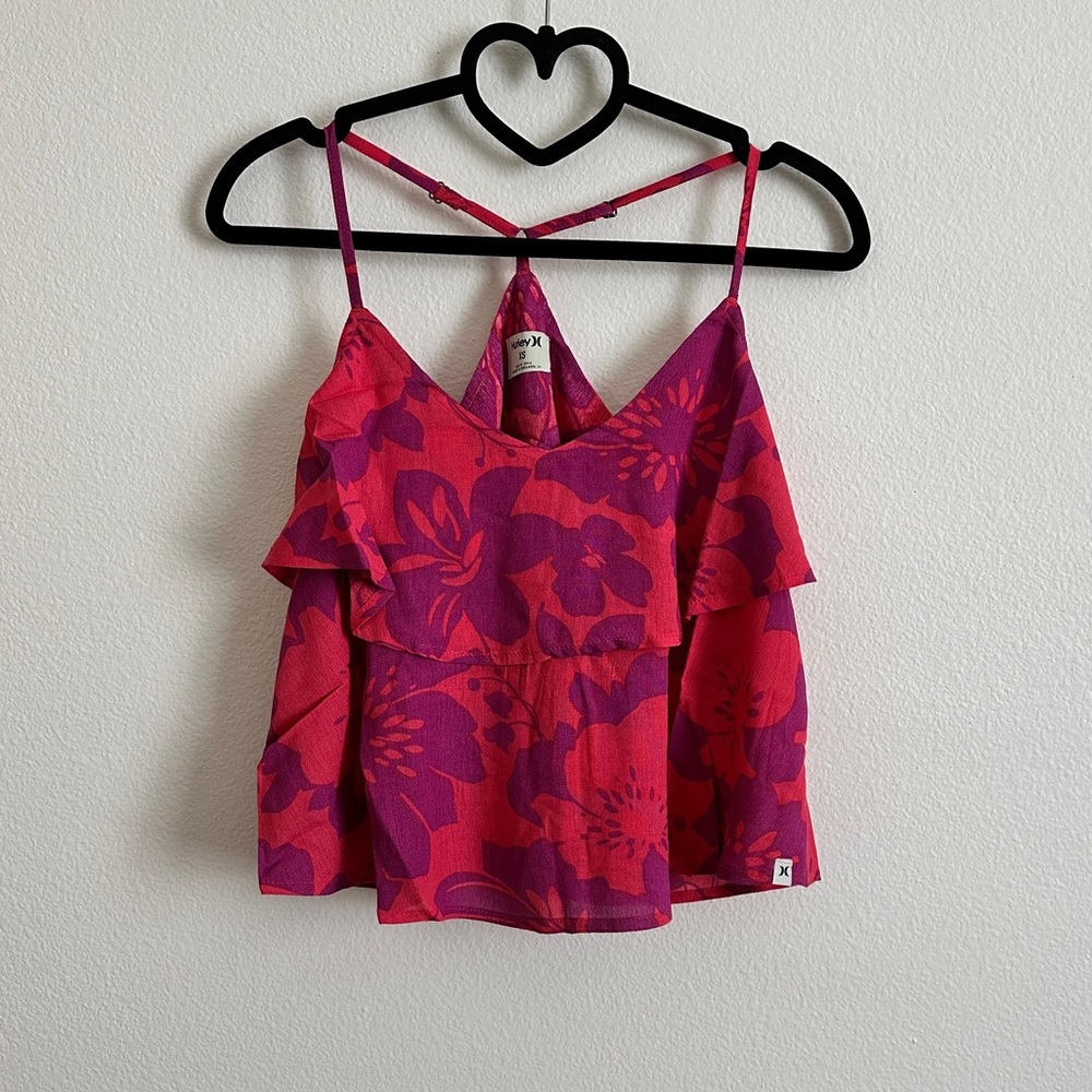 Hurley Pink Floral Layered Adjustable Strap Cropped Cami Top Size XS